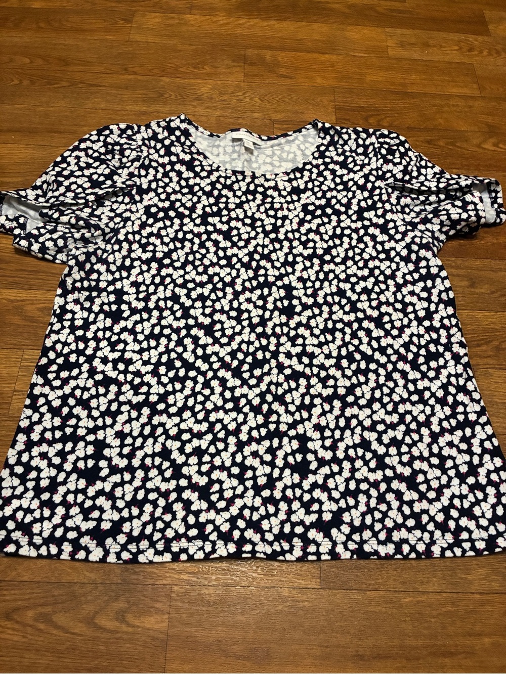 Charter Club Navy Floral Short Sleeve Top with Red Accents
